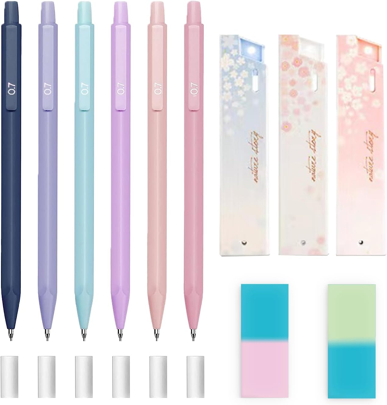 Mechanical Pencil Set, 60 HB Leads and 2 Erasers,6 Cap Eraser Refills, a Storage Box.This Is the Best Tool for Writing or Painting (0.7Mm Multicolor)