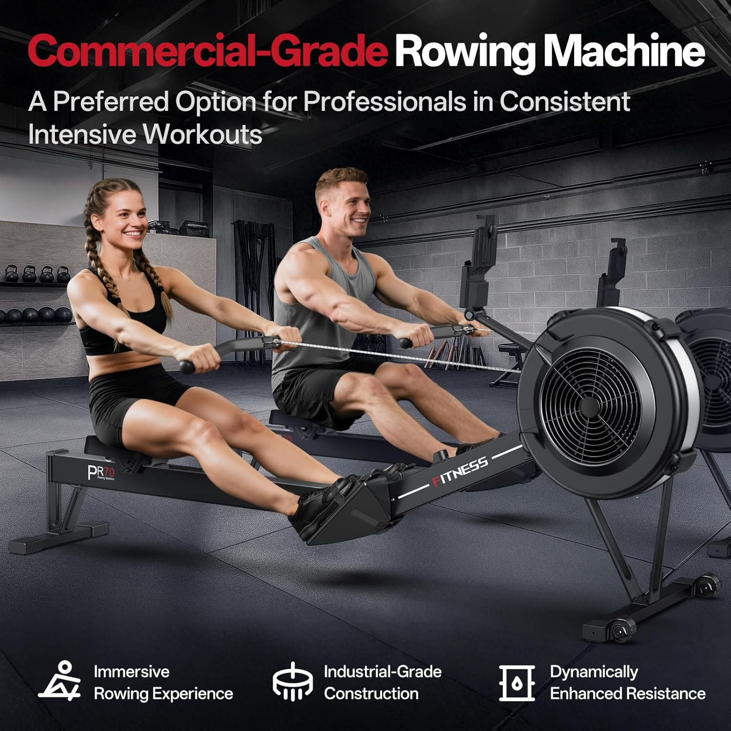 PASYOU Rowing Machine for Home Use - Commercial-Grade Rower Machine Foldable Air Rowing Machine with 10-Level Resistance, Bluetooth Backlit Monitor, Adjustable-Angle Device Holder - 350LBS Load