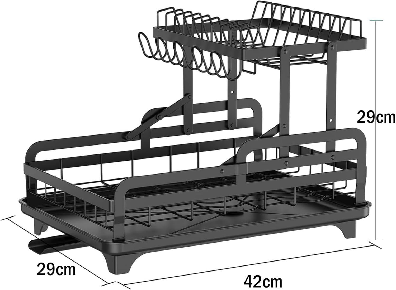 Hoisimdy Dish Drying Rack 2 Tier Dish Rack Kitchen Large Capacity Dish Drainer with Auto Drainage (Black) - Black image number 5