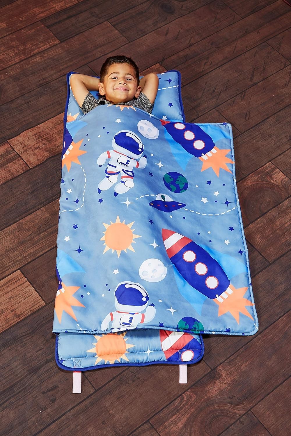 EVERYDAY KIDS Toddler Nap Mat with Removable Pillow - Rollup and Close with Velcro Straps, Carry Handle, Soft Microfiber for Preschool, Daycare, Kindergarten Sleeping Bag - Construction image number 3