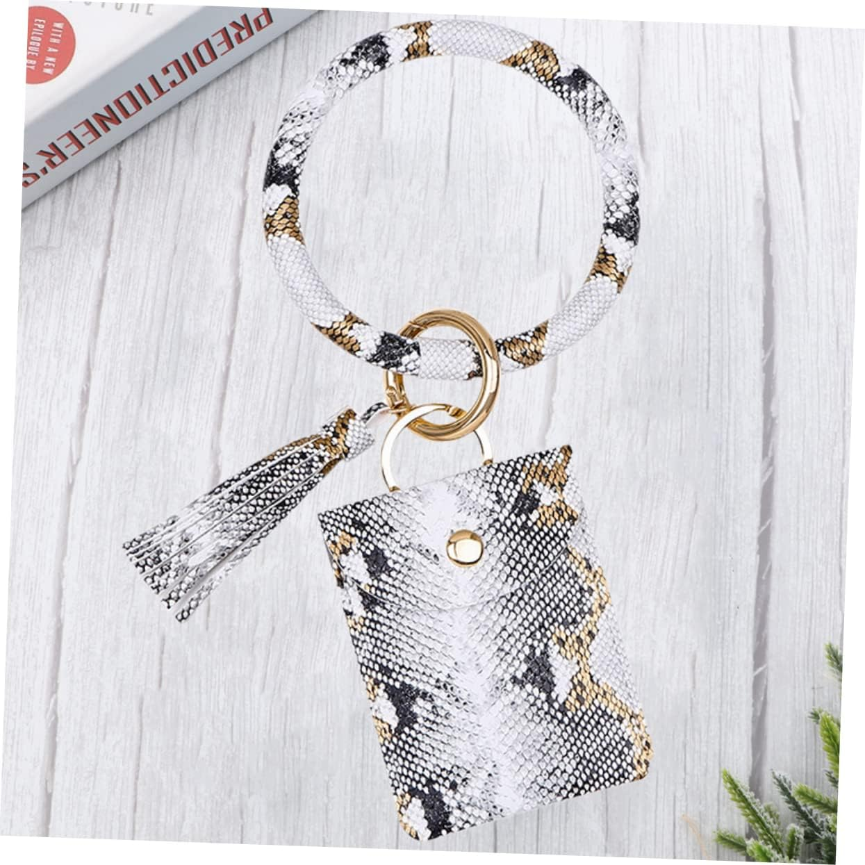 COLLBATH Leather Wristlet Keychain Leopard Purse Card Holder Keychain Key Bracelet Holder Tassel Wristlet Keychain Pu Leather Bangle Keyring Women Coin Purse Women Keychain Coin Wallet Deck - White image number 6