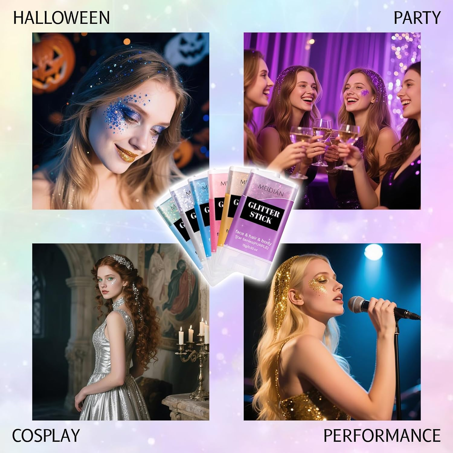 YBUETE Face Body Glitter Stick,6 Colors Hair Body Glitter Stick for Singer Concert Outfit Cosplay Rave Accessories for Women,Glitter Nail Sequins Iridescent Flakes for Festival Rave Halloween Makeup image number 6