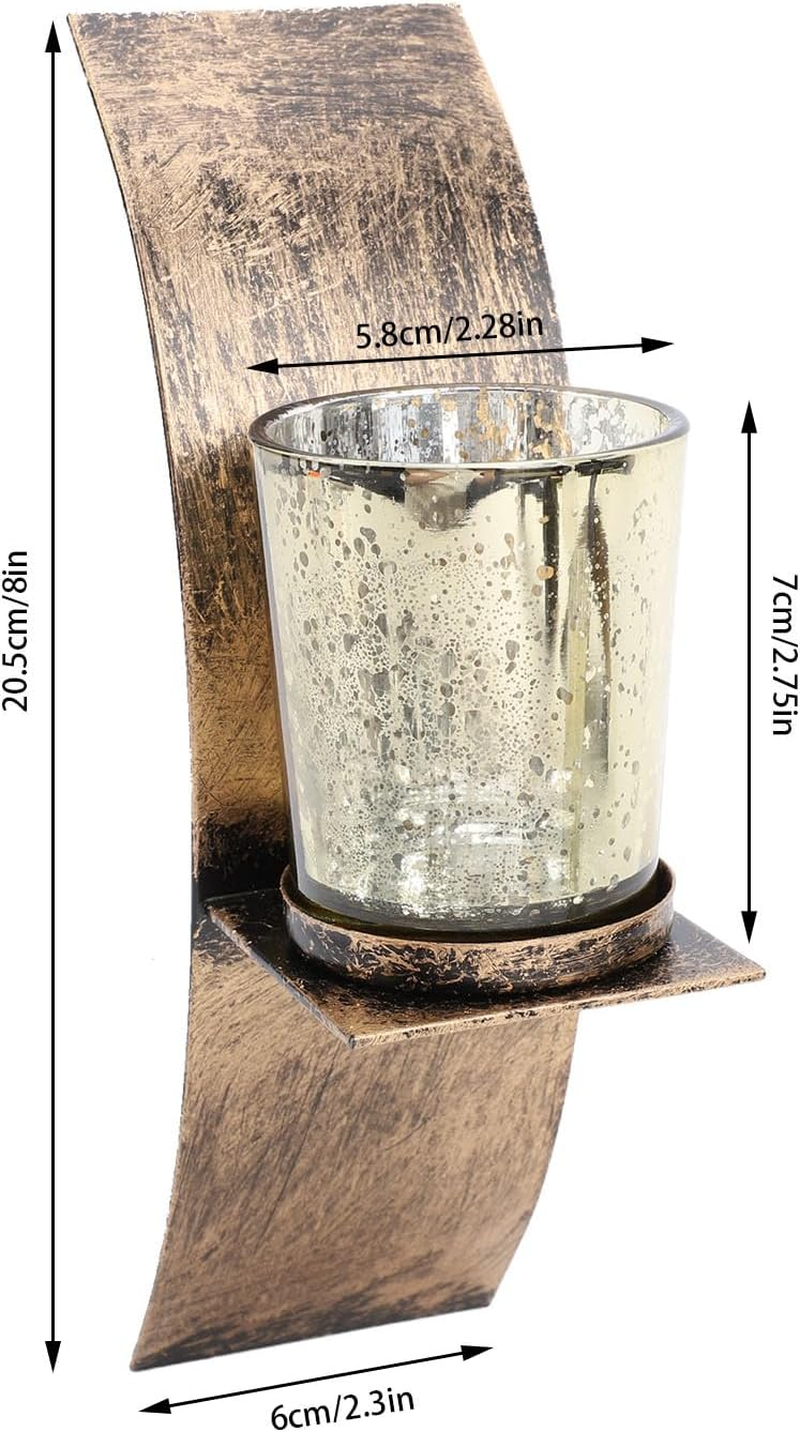 Pack of 2 Rustic Wall Candle Holders, Wall Decoration Made of Antique Metal in Gold and Bronze with Glass Candle Cup for the Entrance Area in the Hallway