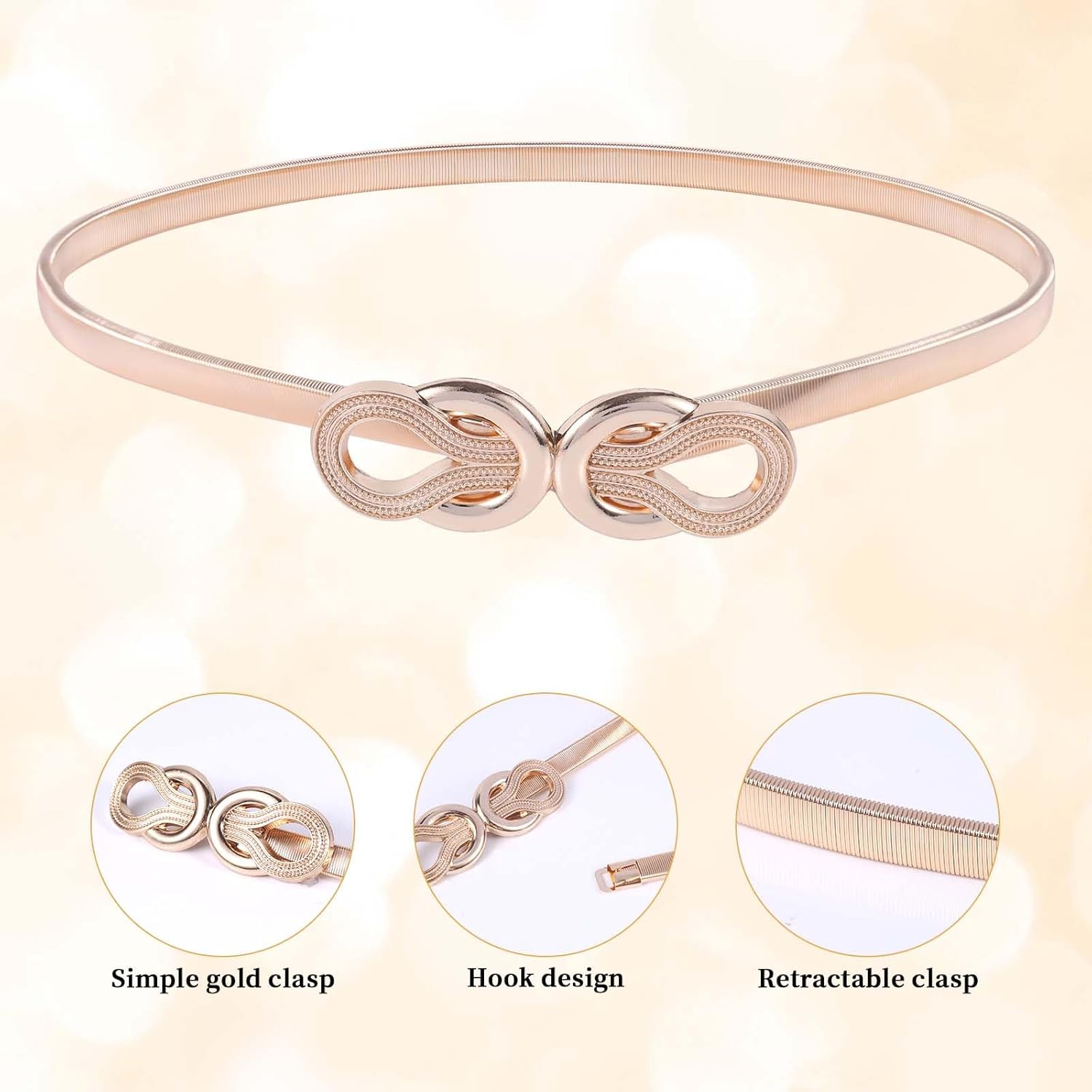 Mikovivi Gold Belt for Women, Metal Elastic Waist Belt Fashion Thin Belts Fancy Skinny Waistband for Ladies Dresses Jeans Shirt image number 3