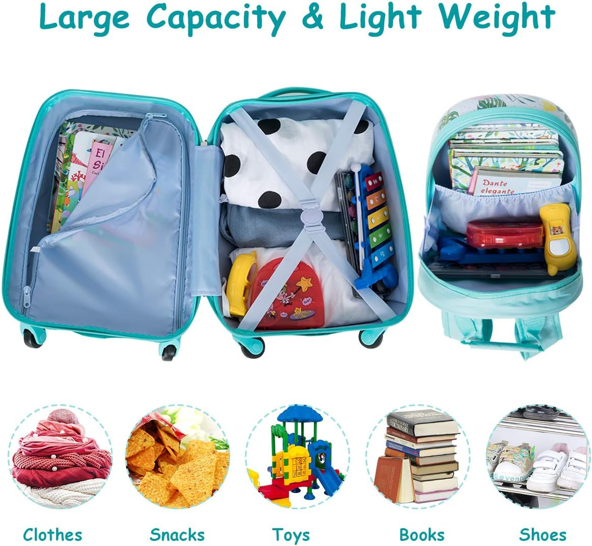 2PCS Kids Luggage Set Carry on with Spinner Wheels & Cute Flamingo Pattern, Adjustable Trolley Rod Height & Backpack Shoulder Strap, Kids Luggage Set Made of ABS, Polycarbonate & Nylon Material image number 4