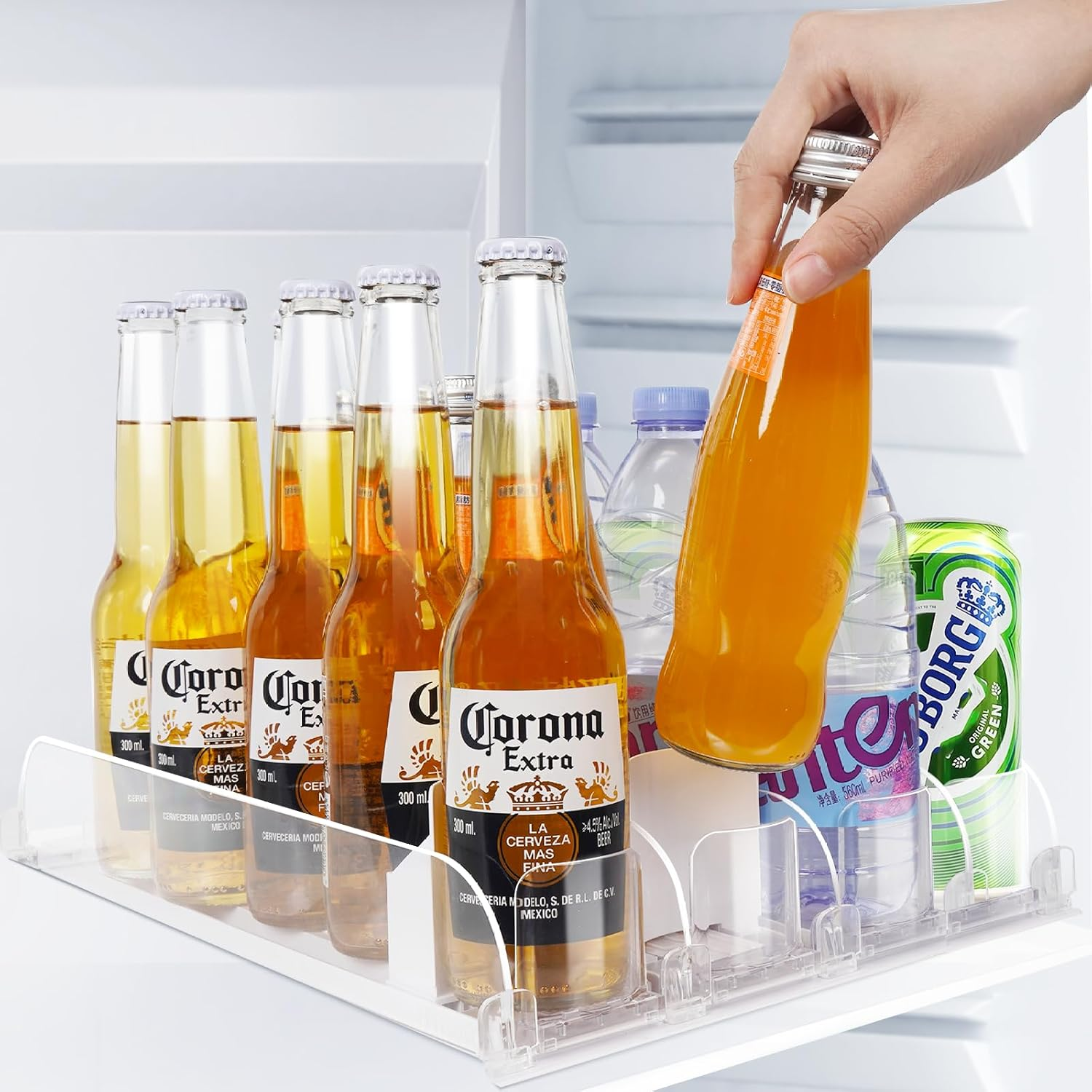 SWOURT Fridge Organiser Can for Fridge Organiser, 3/4/5 Rows Drinks Drink Organisation Automatic for Refrigerators, Suitable for Kitchen, Storage Room (4 Rows)