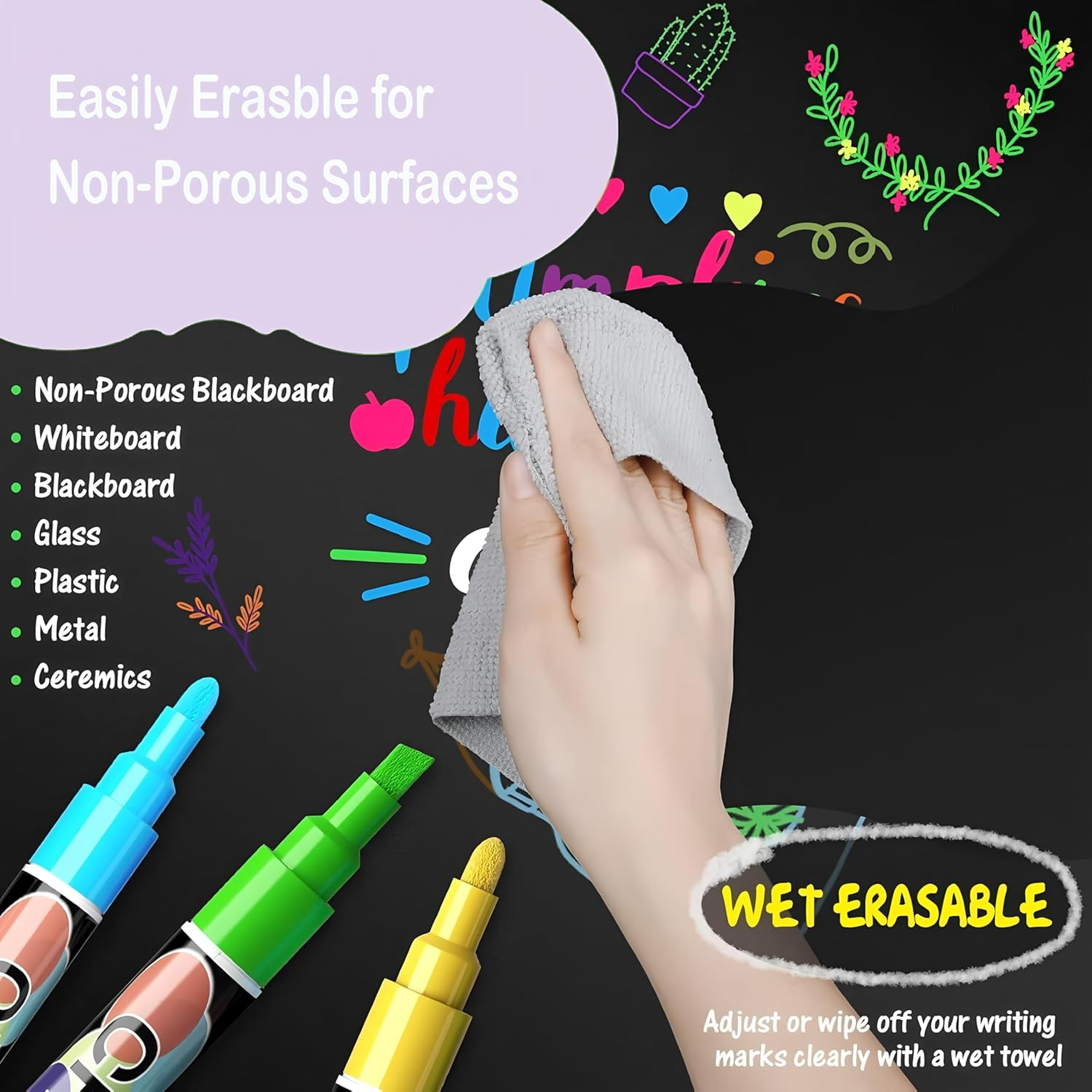 12 Colors Liquid Erasable Chalk Markers Pens - Washable & Wet Erase Neon Makers for Blackboard, Chalkboard Signs, Glass Window, Graduation Celebration School Kids Art for Cars image number 2