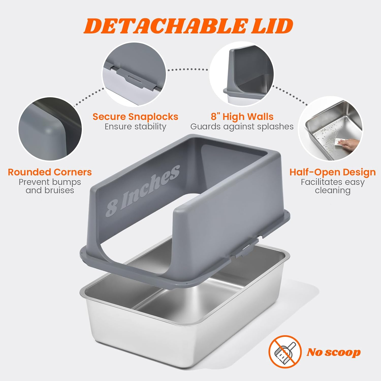 Stainless Steel Cat Litter Box with Scatter Shield, XL Extra Large for Big Cats, High Sided Enclosure Metal Cat Litter Pan/Tray with Litter Mat, Non-Sticky, Anti-Urine Leakage, Easy Cleaning image number 1