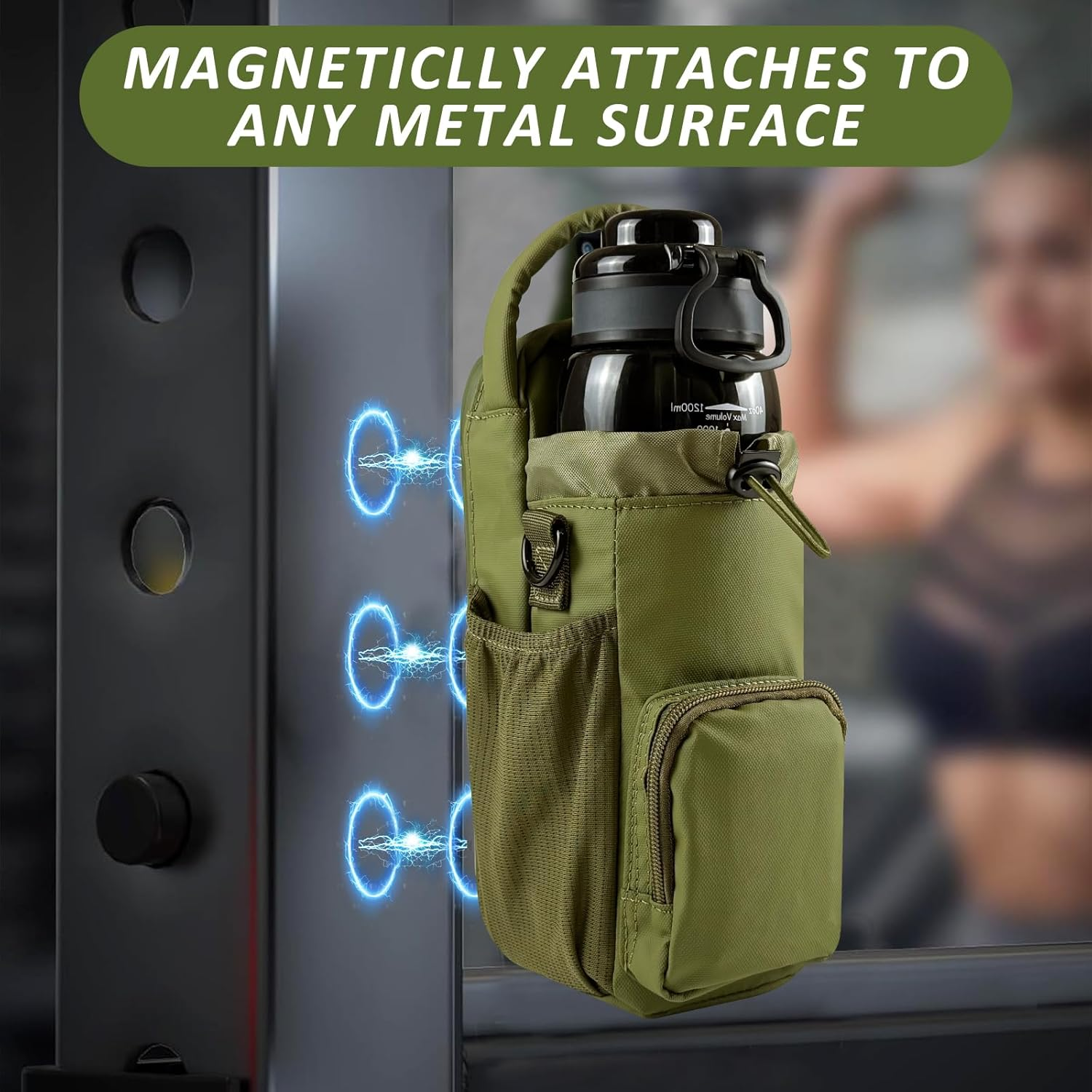 Magnetic Gym Bag for Men and Women, Magnetic Water Bottle Holder for Gym, Small Gym Bag, Gym Gifts for Women and Men, Green, up to 40 Oz, Movement image number 5