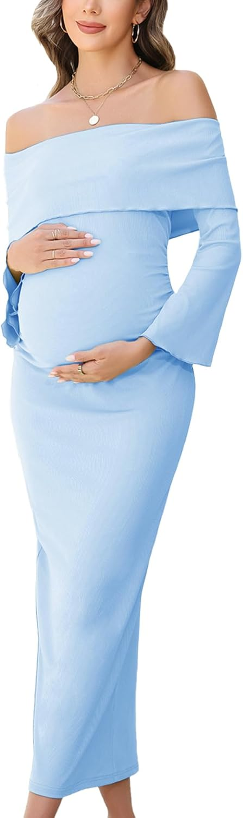 CYCLAMEN off the Shoulder Bell Sleeves Maternity Dress Ruched Bodycon Maxi Cute Pregnancy Dresses Baby Shower Photoshoot