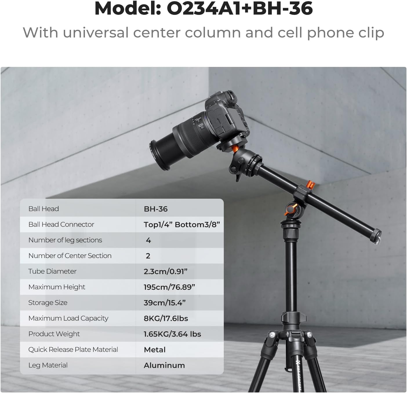 K&F Concept 76 Inch Camera Tripod with Rotatable Multi-Angle Center Column,Lightweight Travel Outdoor DSLR Tripods with 360 Degree Ball Head Load Capacity 8Kg/17.6Lbs, Cellphone Clips for Smartphone image number 1