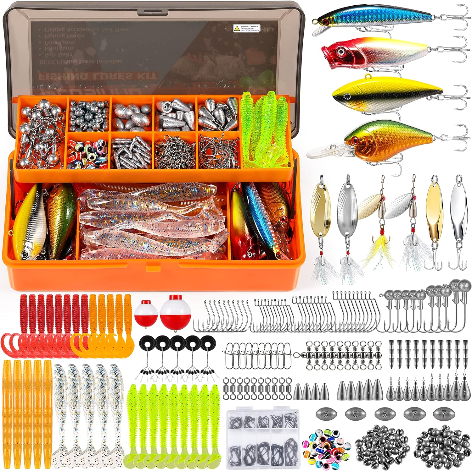 PLUSINNO 353/404 PCS Fishing Lures, Upgrade Fishing Tackle Box with Tackle Included, Crankbaits, Hooks, Weights, Other Accessories, Fishing Lure Bait Gear Equipment Kit Gift for Men Freshwater Bass