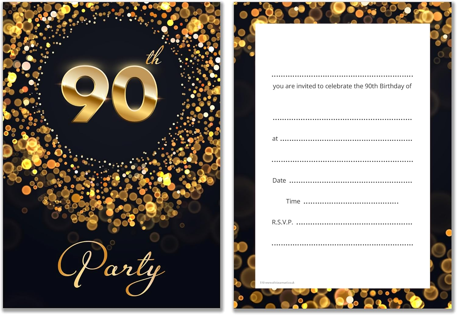 Olivia Samuel 20 X 90Th Birthday Party Invitations with Envelopes - Ready to Write - Black and Gold Effect - Designed and Printed in the UK