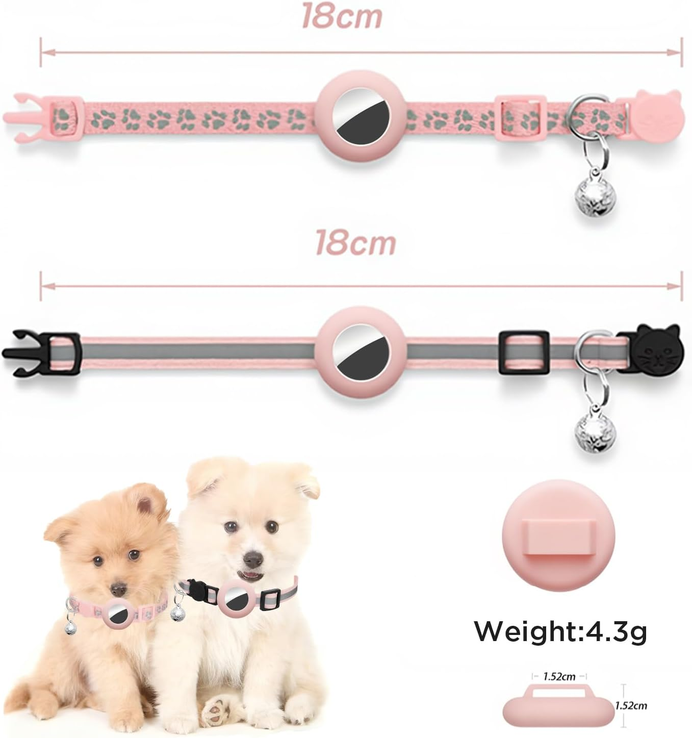 Kexkceql 2-Pack Adjustable Cat Collar for Apple Airtag，2 Styles (Footprint & Reflective)，Pet Anti-Lost GPS Collars with Safety Buckle，Pink, M (7.5-12.6 Inches) image number 6