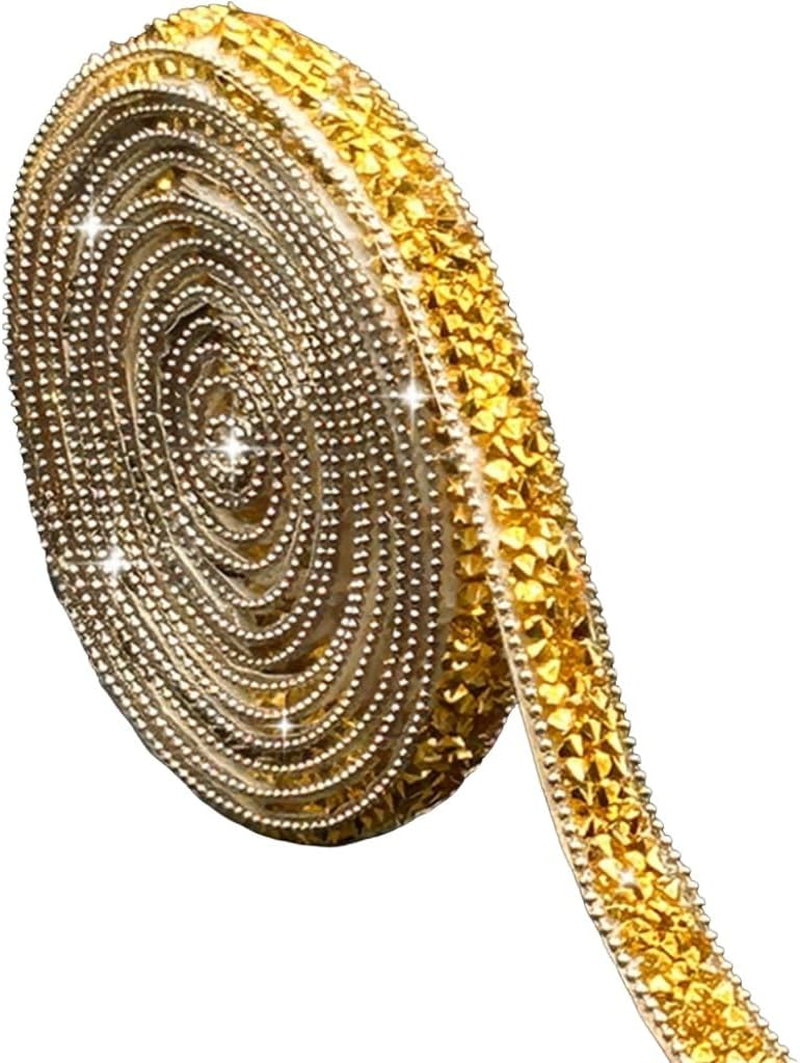 Rhinestone Ribbon, Self Adhesive Resin Rhinestone Bedazzling Strips Glitter Crystal Diamonds Tape Sparkling Rhinestones Trim for Belt Shoes Clothing Car Phone (Gold, One Size) image number 3