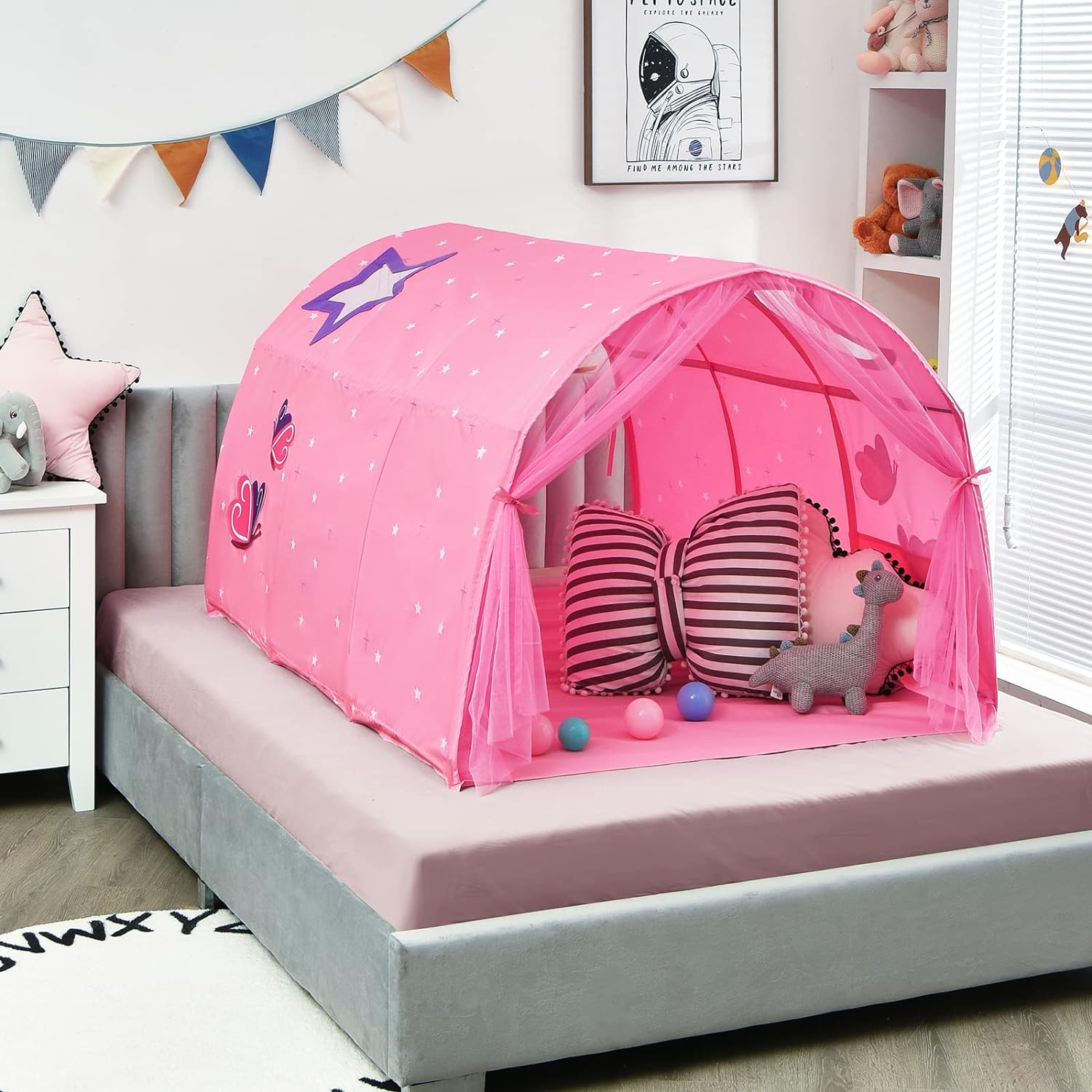 HONEY JOY Kids Play Tent, Portable Bed Tent for Children W/Double Mesh Curtain, Carrying Bag, Bed Tunnel Tent Playhouse for Bedroom, Living Room, Indoor Games, Sleeping Play Tents for Boys Girls, Pink image number 6