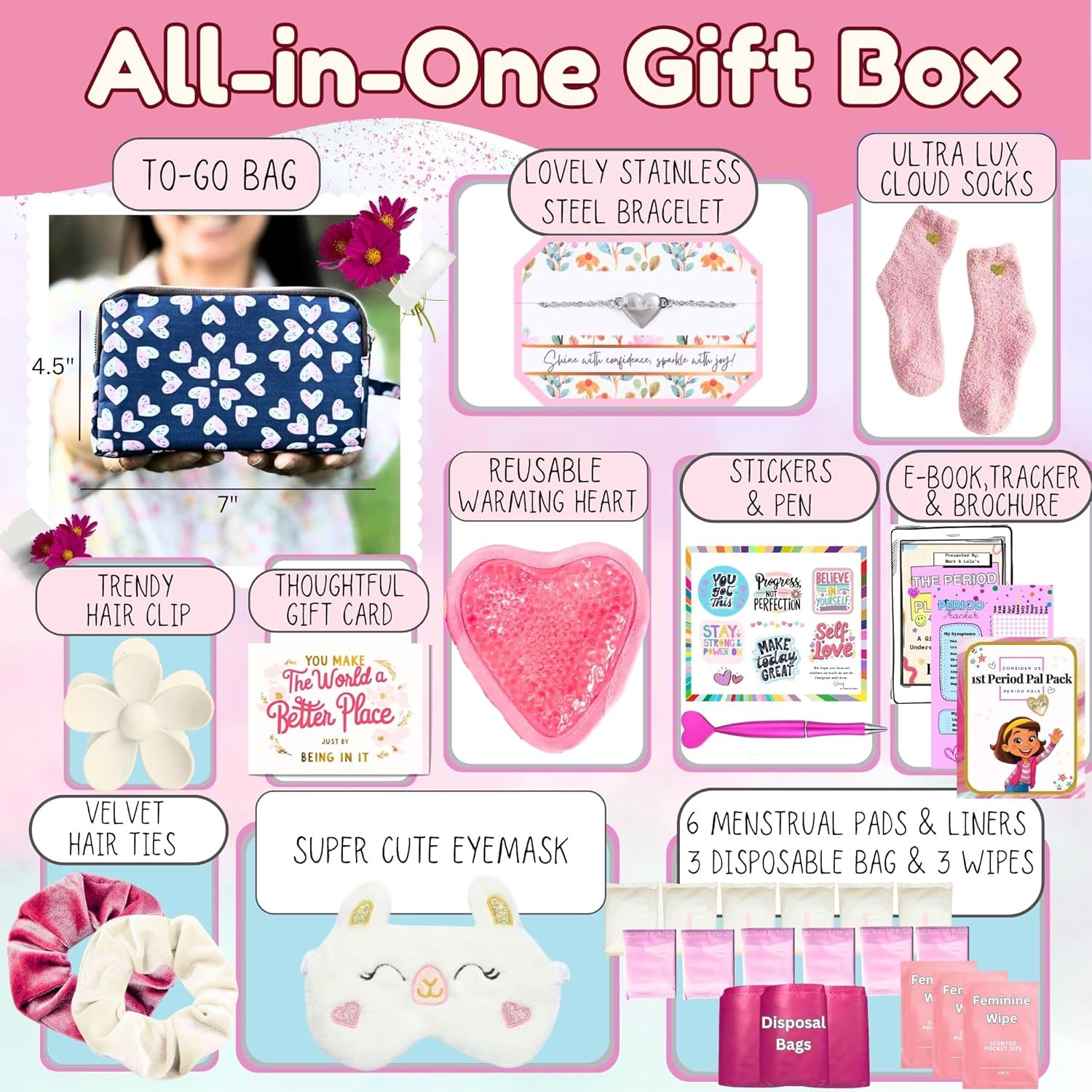 Mark and Lola&rsquo;S First Period Pal Pack To-Go Box | 31 Pcs | First Period Kit for Tweens | Teen Period Kit| Discrete Period Bag, Pads, Panty Liners, Period Kits for Tweens 10-12 (Hearts) image number 2