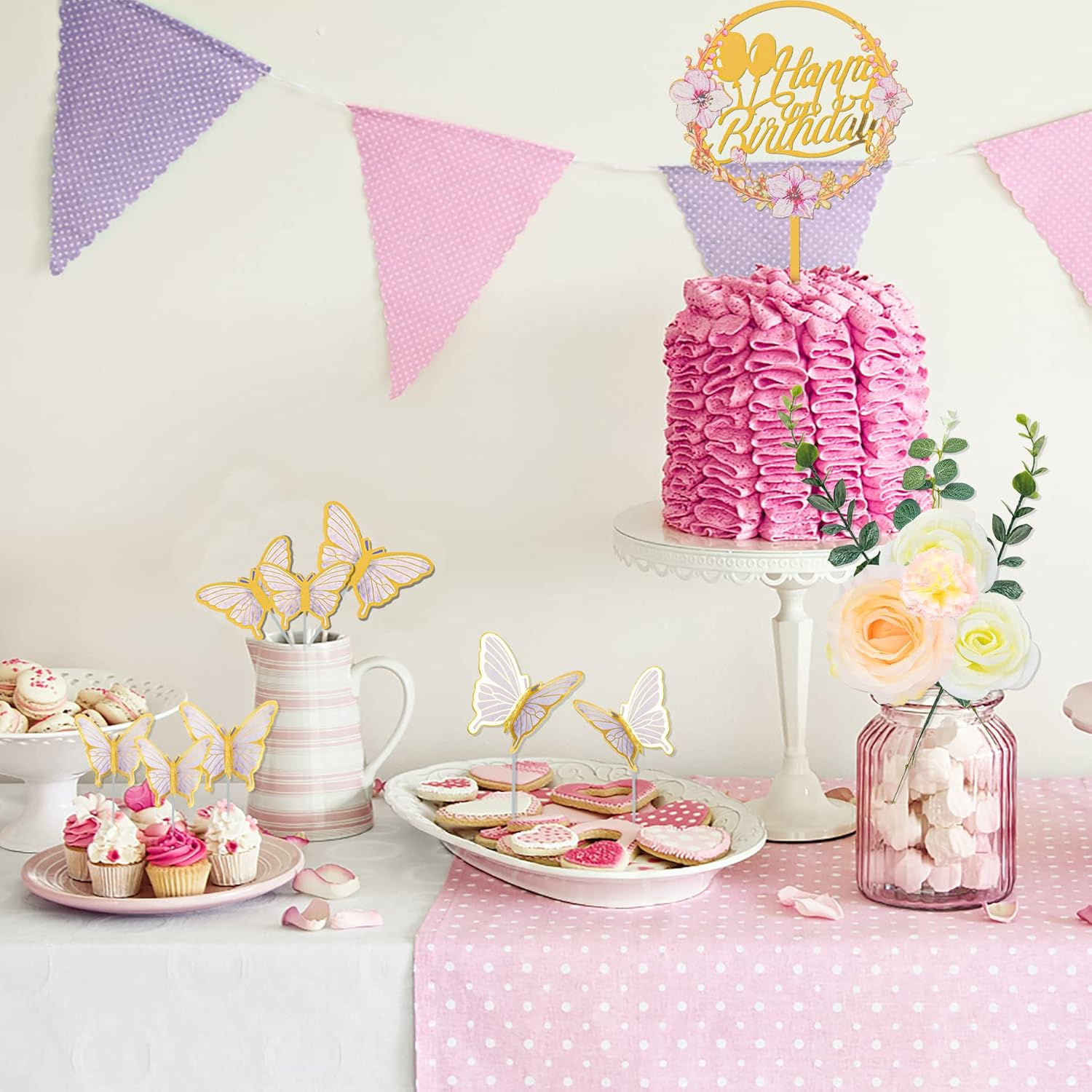 28Pcs 3D Butterfly Flower Cake Toppers Rose Flowers Acrylic Happy Birthday Cake Topper Carnation Flowers Colorful Balls Eucalyptus Leaves Cake Decorations for Birthday Party Wedding Baby Shower Supplies image number 2