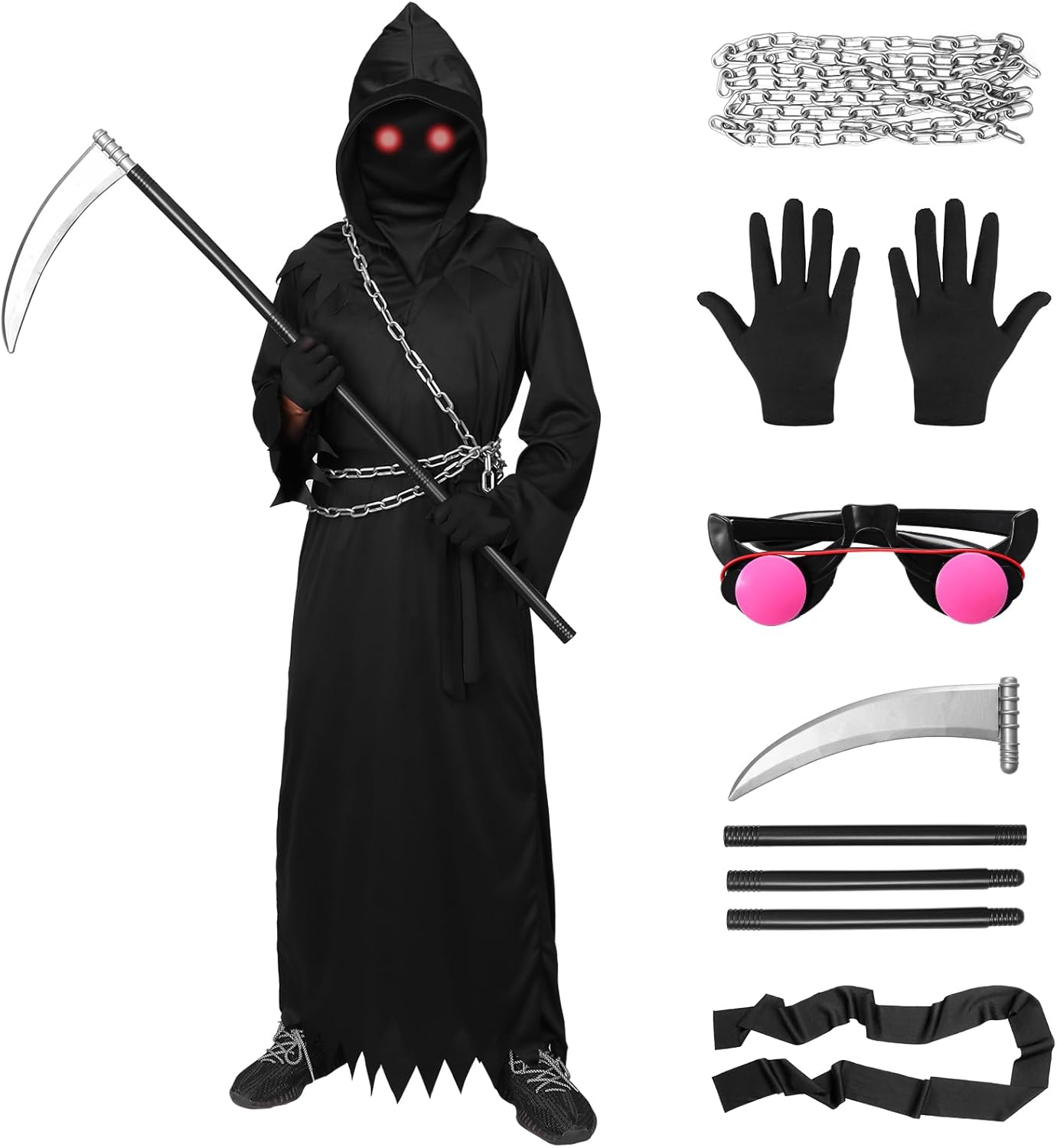 Grim Reaper Halloween Costume with Red Eyes for Adults,Halloween Costumes 7 Pcs Halloween Grim Reaper Costume Set with Glasses Scythe Chain Belt Halloween Costumes Mens image number 2