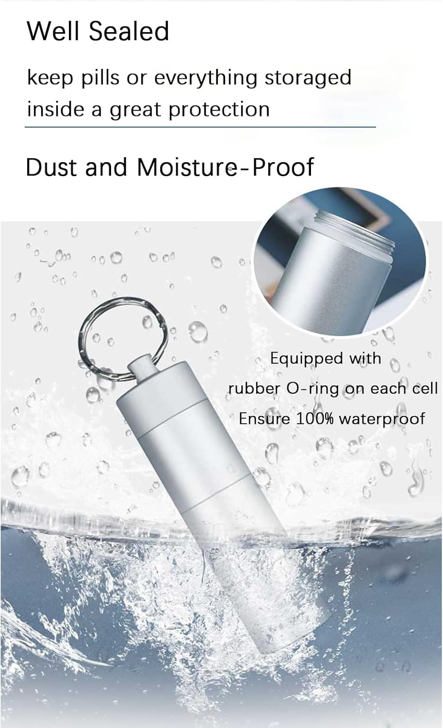 Keychain Pill Organizer, Waterproof Pill Holder 3 Compartments Detachable, Small Portable Pill Case for Travel Pocket Purse, Aluminium Alloy Pill Container, EDC Pill Fob for Outdoor/Daily/Emergency (Grey) - Black image number 2