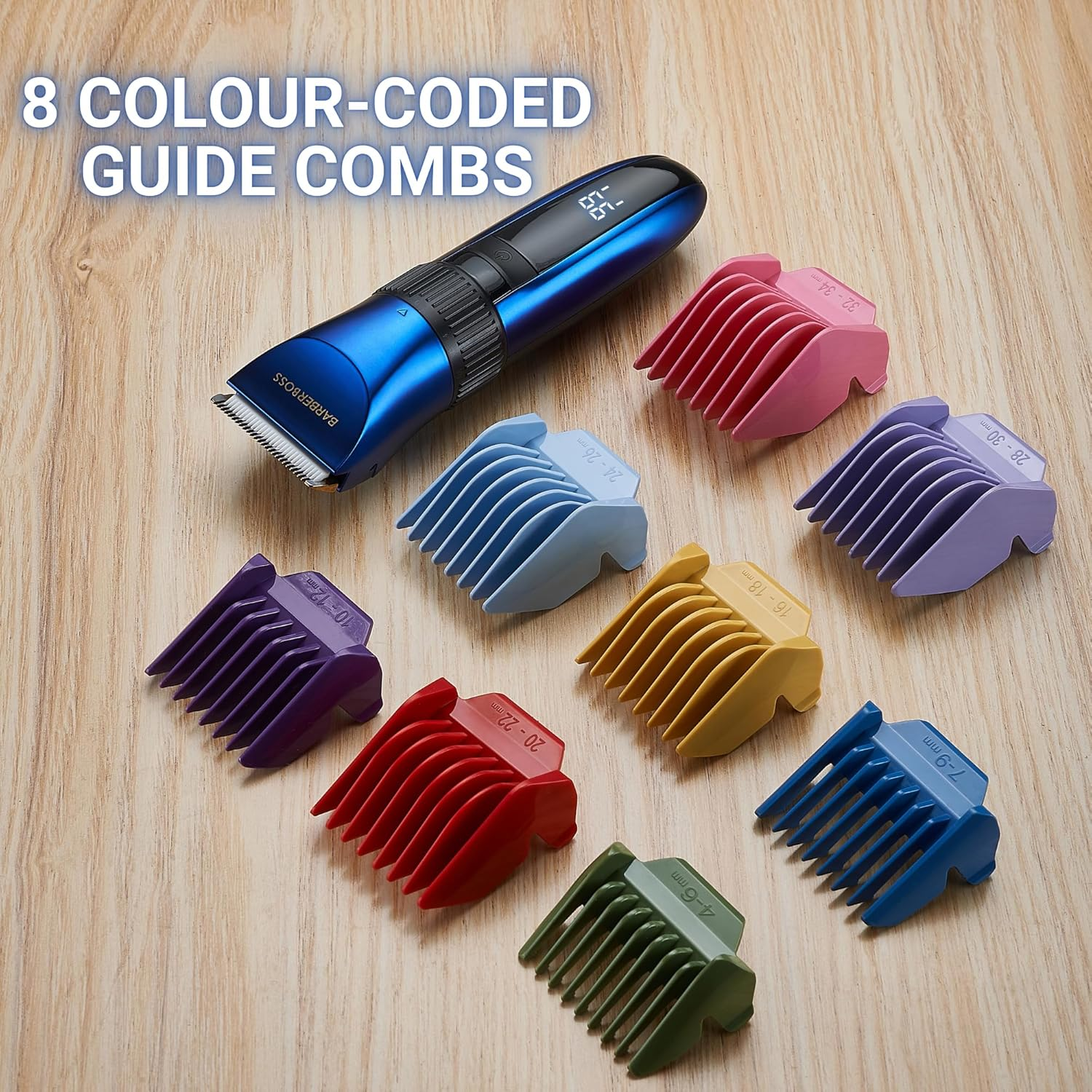 Barberboss Wireless Self Sharpening Beard and Hair Trimmer Waterproof with Ceramic Blades LED Display Quick Charge and 8 Color Comb Attachments QR-2082 image number 6