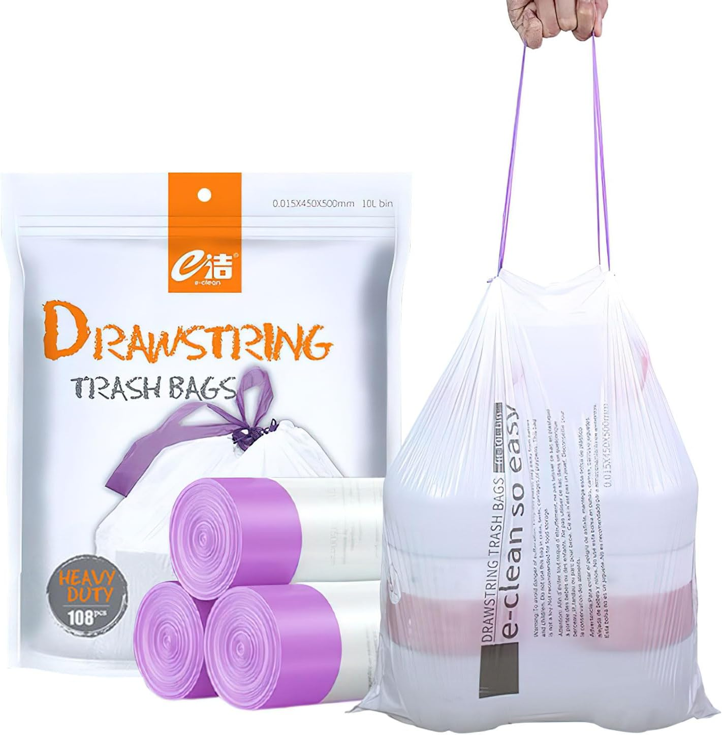 Self-Cleaning Cat Litter Box Garbage Bag, Bin Liners with Drawstring and Handles, Pack of 108 Bin Bags with Carry Handle for Household, Bathroom, Kitchen, Office, Pet, Plastic White Bin Bags image number 4