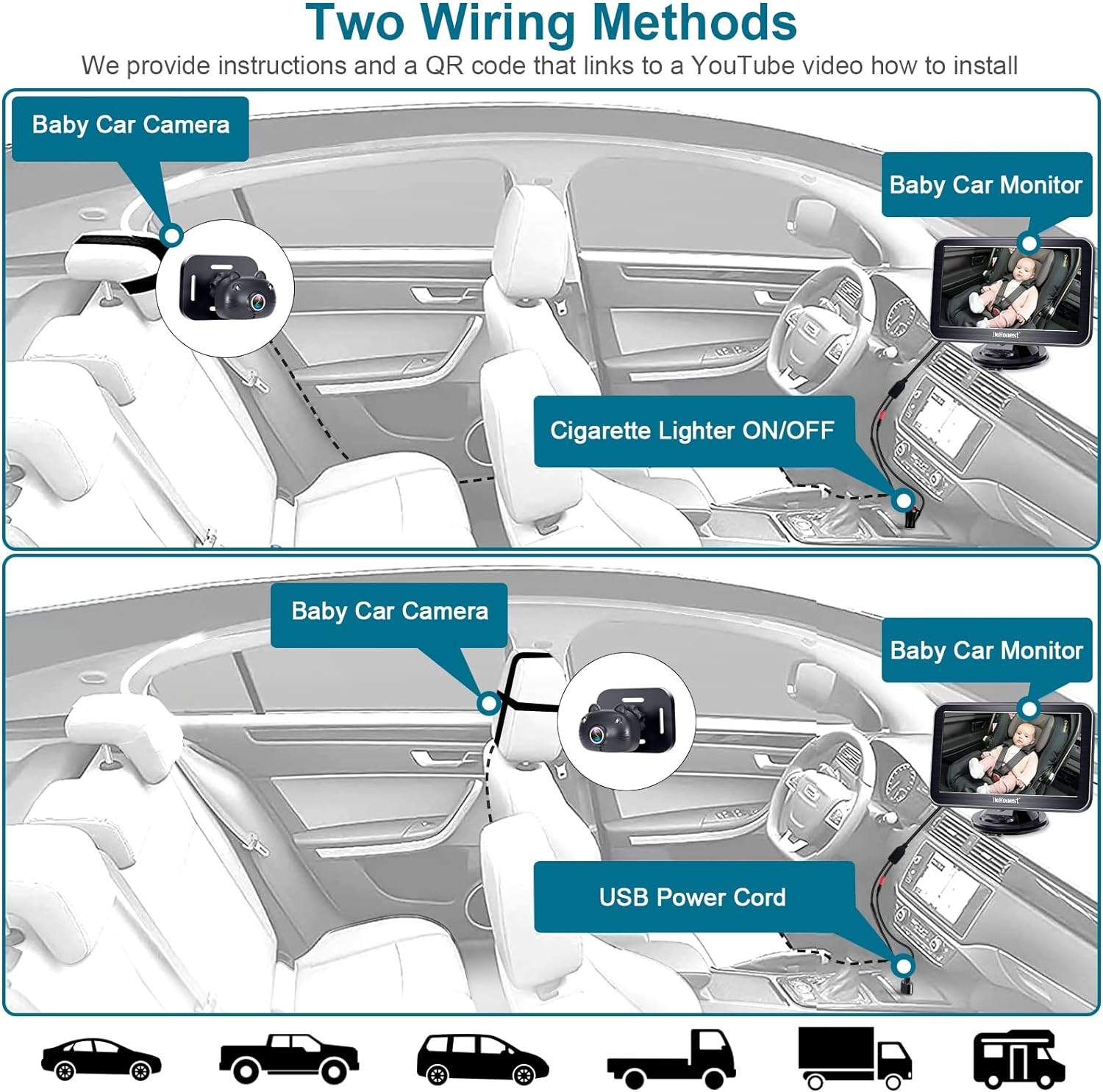 Dohonest Baby Car Camera 7-Inch: USB Plug and Play Easy Setup 360&deg; Rotating Backseat Dual Camera Two Kids HD 1080P Rear Facing Car Seat Camera Clear Night Vision -V9 image number 2