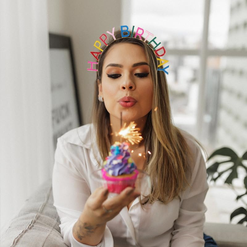 Birthday Headband Crown Rainbow Color Happy Birthday Hat Headpiece Bday Gifts for Women Men Girls Boys Birthday Props for Photoshoot Bday Birthday Party Accessories Favors Decorations image number 3