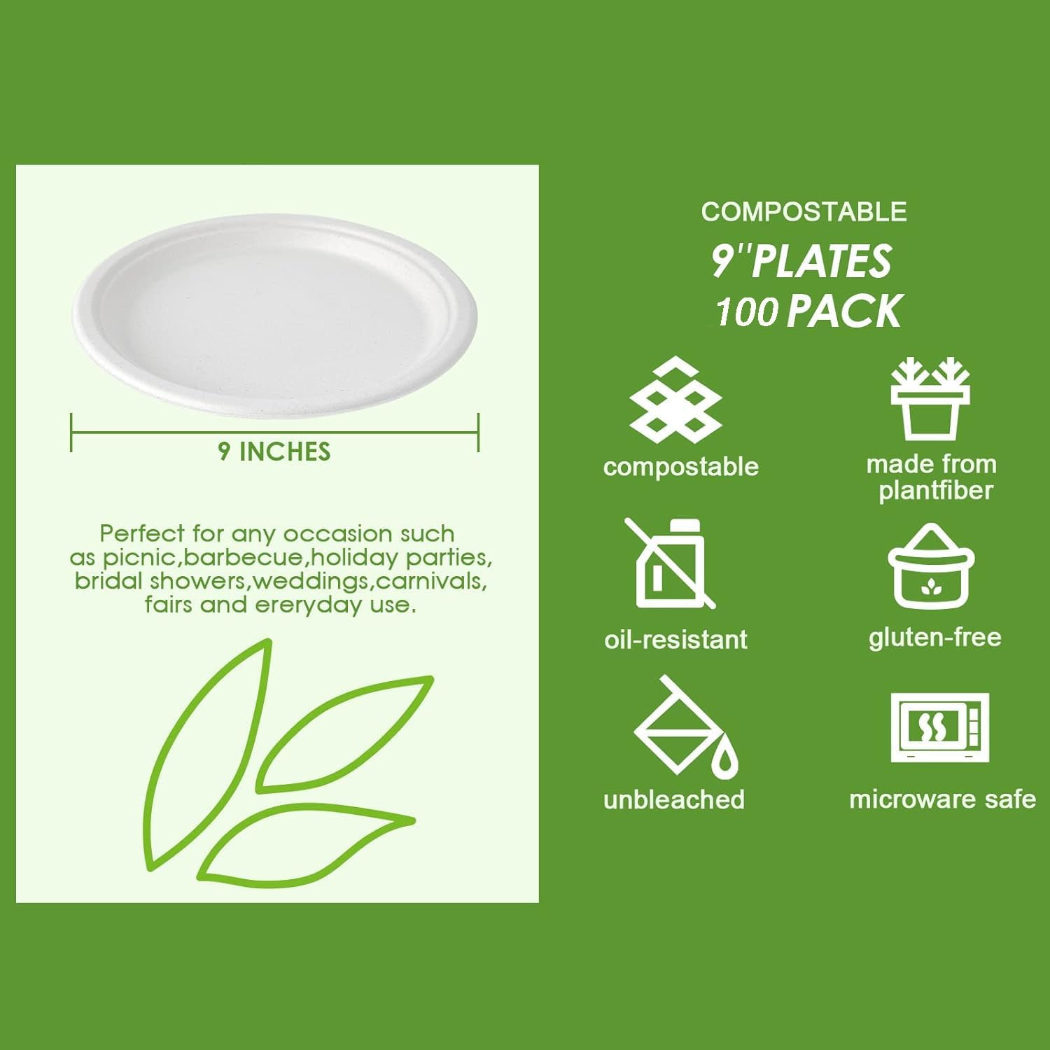 WOYAODONG 100Pack Disposable Paper Plates 9 Inch 100% Compostable Plates Heavy-Duty Disposable Paper Plates Bagasse Natural Biodegradable Eco-Friendly Sugarcane Plates（White） image number 1
