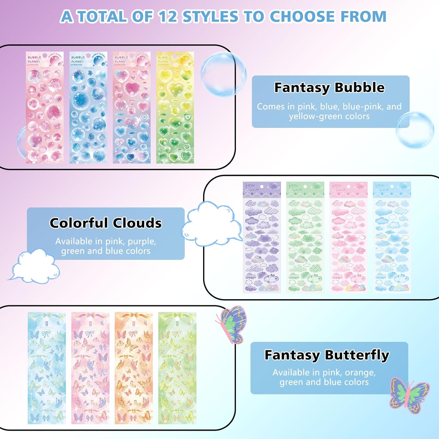 Bagentry 12 Sheets Colorful Deco Stickers, Self Adhesive Kpop Photocard Stickers, Cute Bubble Cloud Butterfly Craft Stickers for Scrapbook Journaling Binder Album Art DIY Cards image number 4