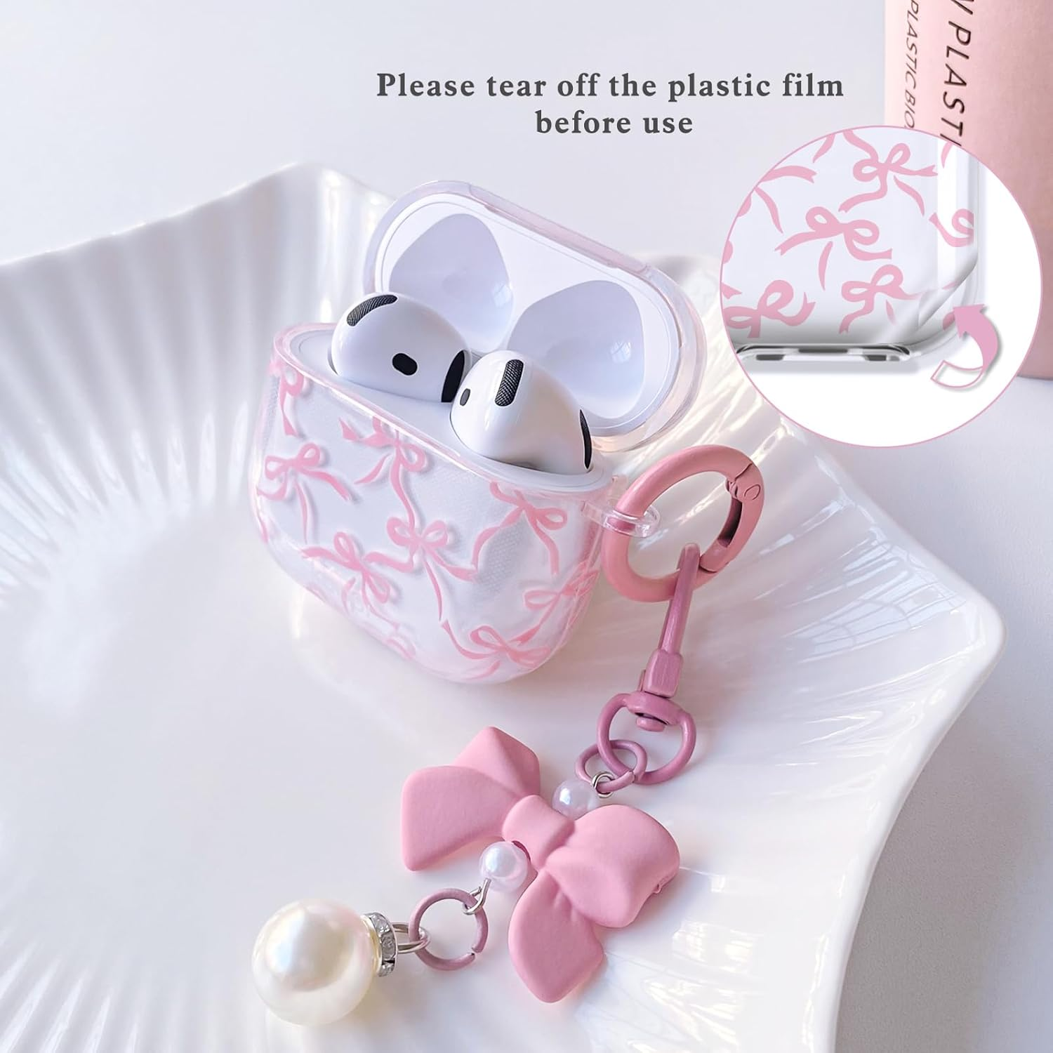 Lovmooful Compatible for Airpods 4Th Case Cute Clear Ribbon Bowknot with Lovely Pearl Chain Design for Women Girls Soft TPU Shockproof Protective Cover Case for Airpods 4 - (Pink) image number 6