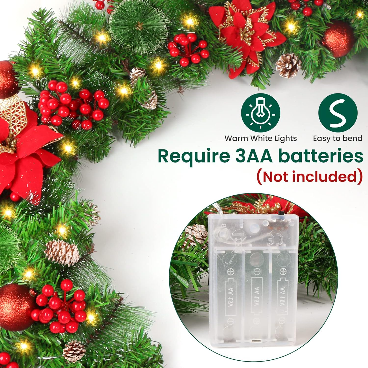 9Ft Christmas Garland with 30 Leds, Artificial Indoor/Outdoor Decorations, PVC & Rattan Material, Red Color, Perfect for Trees, Fireplace, Doors & More image number 1