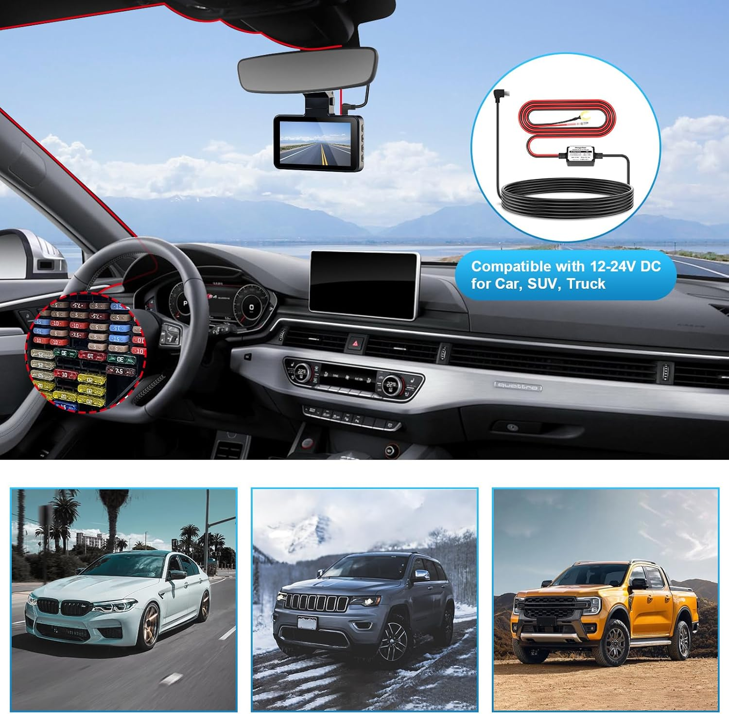 Range Tour Dash Cam Hardwire Kit Mini USB, 4M 12V-24V to 5V 2.5A (Also Fits for 1-2A) Hard Wiring Kit for Car Camera, 4 Power Adapters 3 Fuses image number 6
