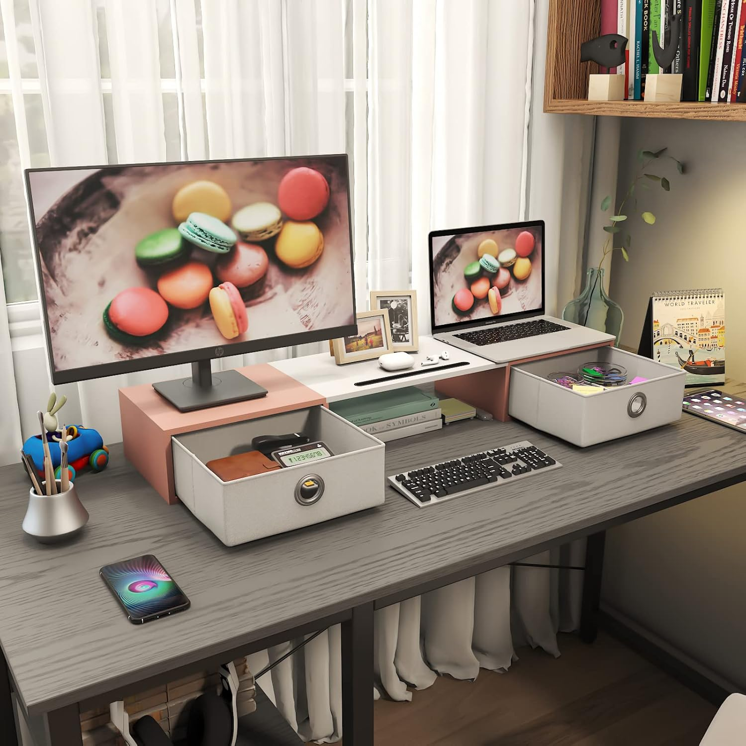 WESTREE Dual Monitor Stand Riser with Two Drawers, Extra Large Storage for 2 Monitors, Ergonomic Design, Wooden Finish - Rustic Brown image number 3