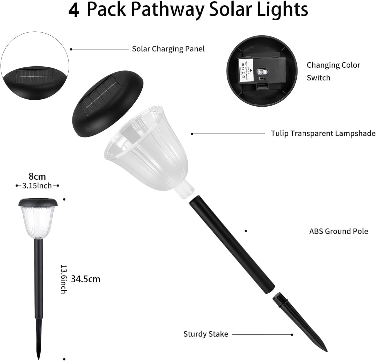 4 Pack Waterproof Solar Pathway Lights Outdoor, Landscape Lights Solar Powered 2 Lighting Modes RGBW, Auto On/Off Solar Garden Lights for Outside, Yard, Patio Walkway Driveway image number 2