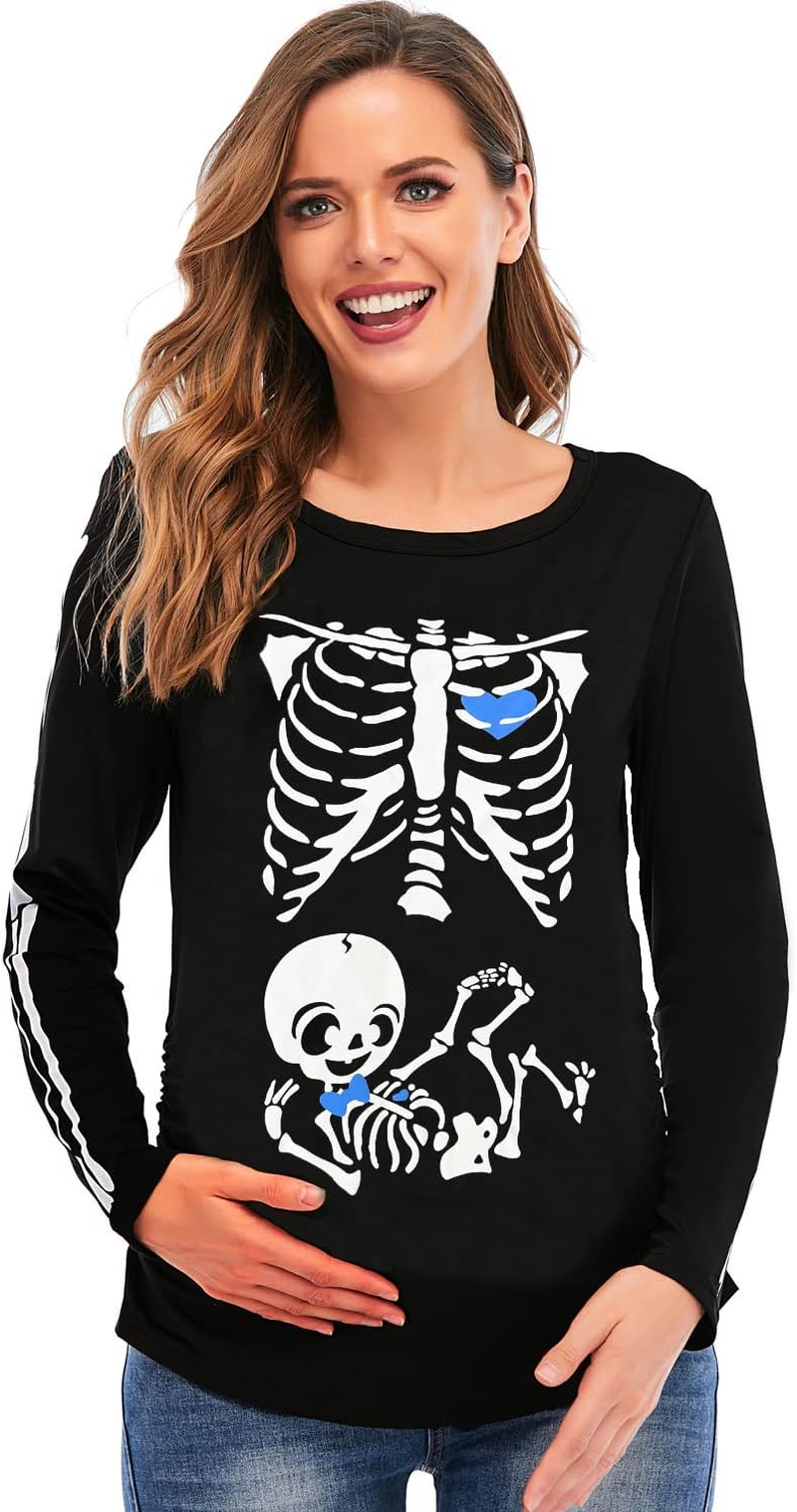 DDSOL Women Halloween Skeleton Maternity Shirt Long Sleeve Pumpkin Skeleton Baby Pregnancy Tops