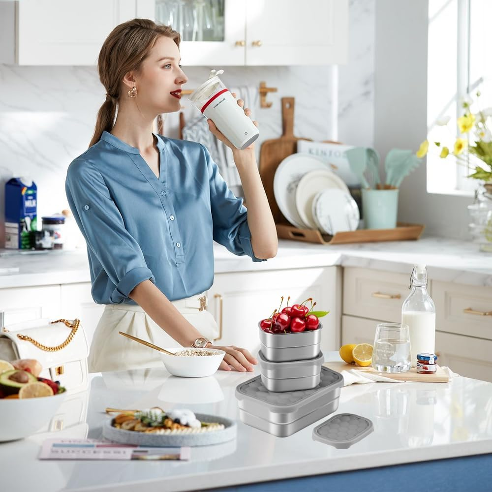 3Pack 304 Stainless Steel Lunch Box,Leak Proof Snack Containers with Silicone Lids,Steel Bento Box for School and Daycare,Food Containers for Snacks, Sandwiches, Fruits, Vegetables(25Oz+8Oz*2) image number 2