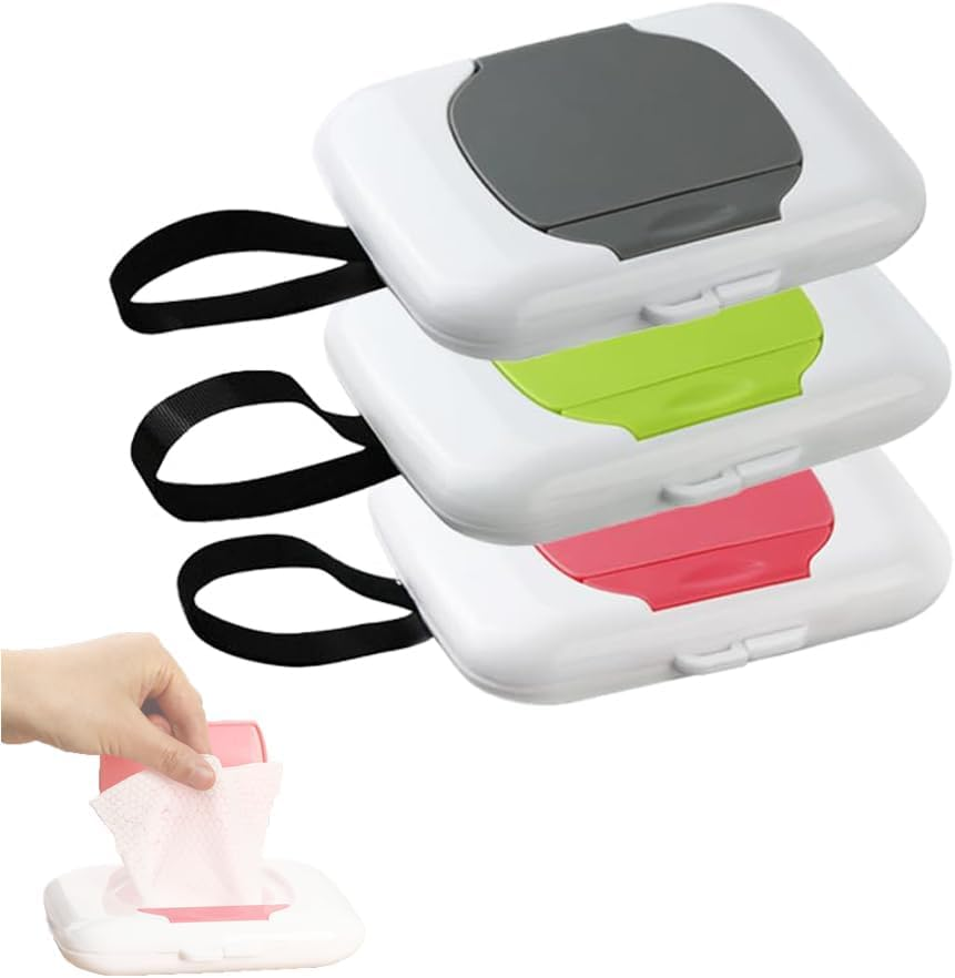Travel Wipe Holder Reusable Wet Wipe Container Box Strollers Hanging Dispensers Refillable Wipe Case Safe Wet Storage (Green+ Red+ Grey)