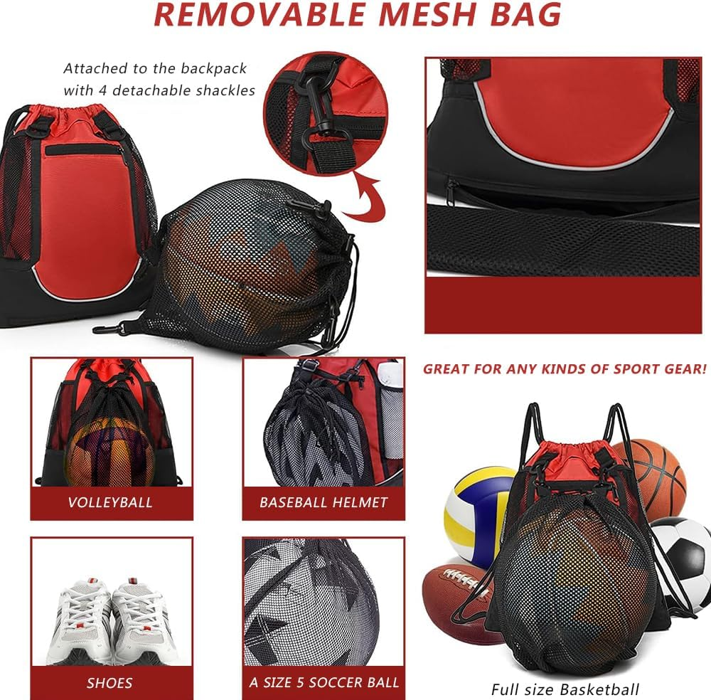 Drawstring Basketball Backpack with Detachable Mesh Ball Bag &ndash; Lightweight Foldable Sports Sackpack for Teens & Adults, Gym Bag for Basketball, Soccer, Volleyball & Yoga, Red image number 4