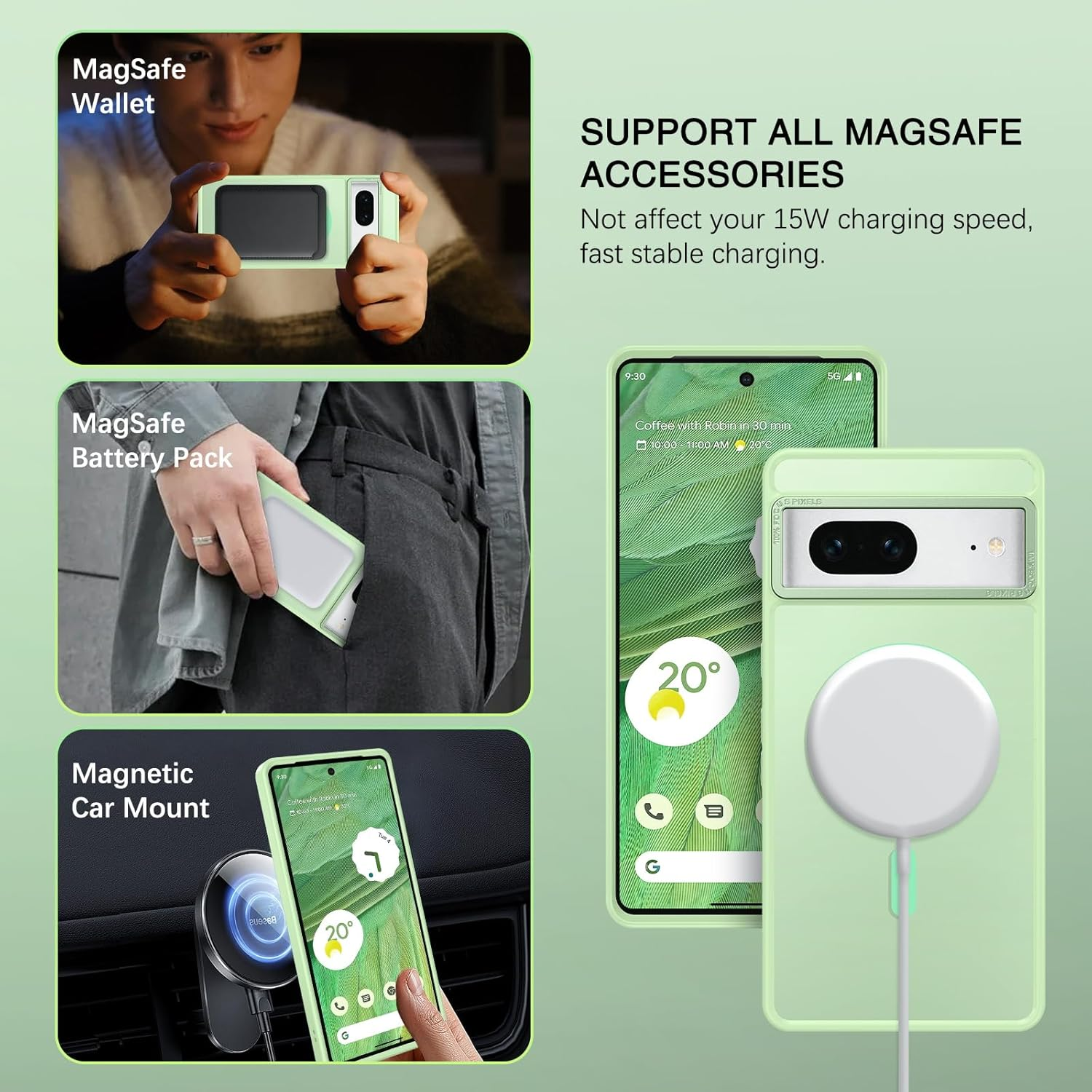 BENTOBEN for Google Pixel 7 Case [Compatible with Magsafe] Translucent Matte Magnetic Pixel 7 Case Magsafe Slim Thin Shockproof Women Men Protective Phone Cover for Google Pixel 7 6.4", Matcha Green