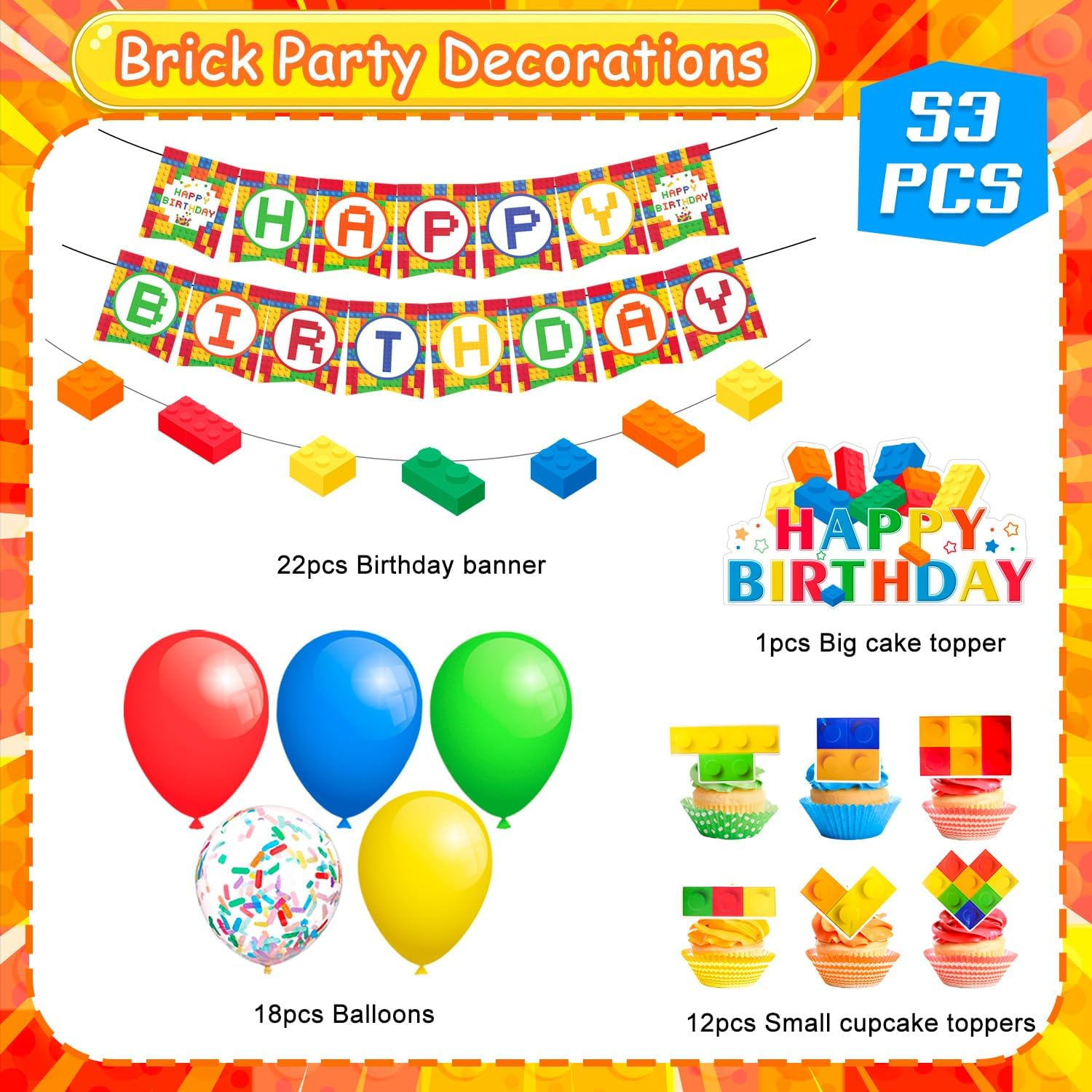 Block Party Decorations,53 Pcs Building Blocks Birthday Decorations Set - Building Block Birthday Balloons,Building Block Banner Cake Topper Etc Colorful Building Block Birthday Party Supplies image number 3
