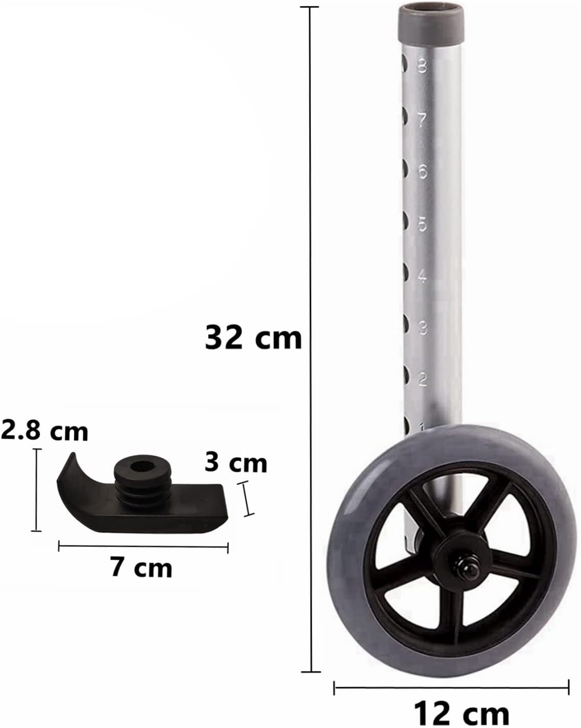 Walker Wheels 1 Pair, Replacement Rollator Accessories, Rubber Wheel Universal Design with 8 Adjustment Holes(2 Pack) image number 2