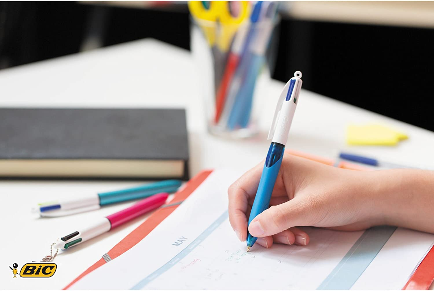 BIC 4 Colours Retractable Ballpoint Pens, Medium Point (1.0 Mm) Every-Day Writing Pens with Extra Comfort Grip, Blue, Pack of 3 image number 6