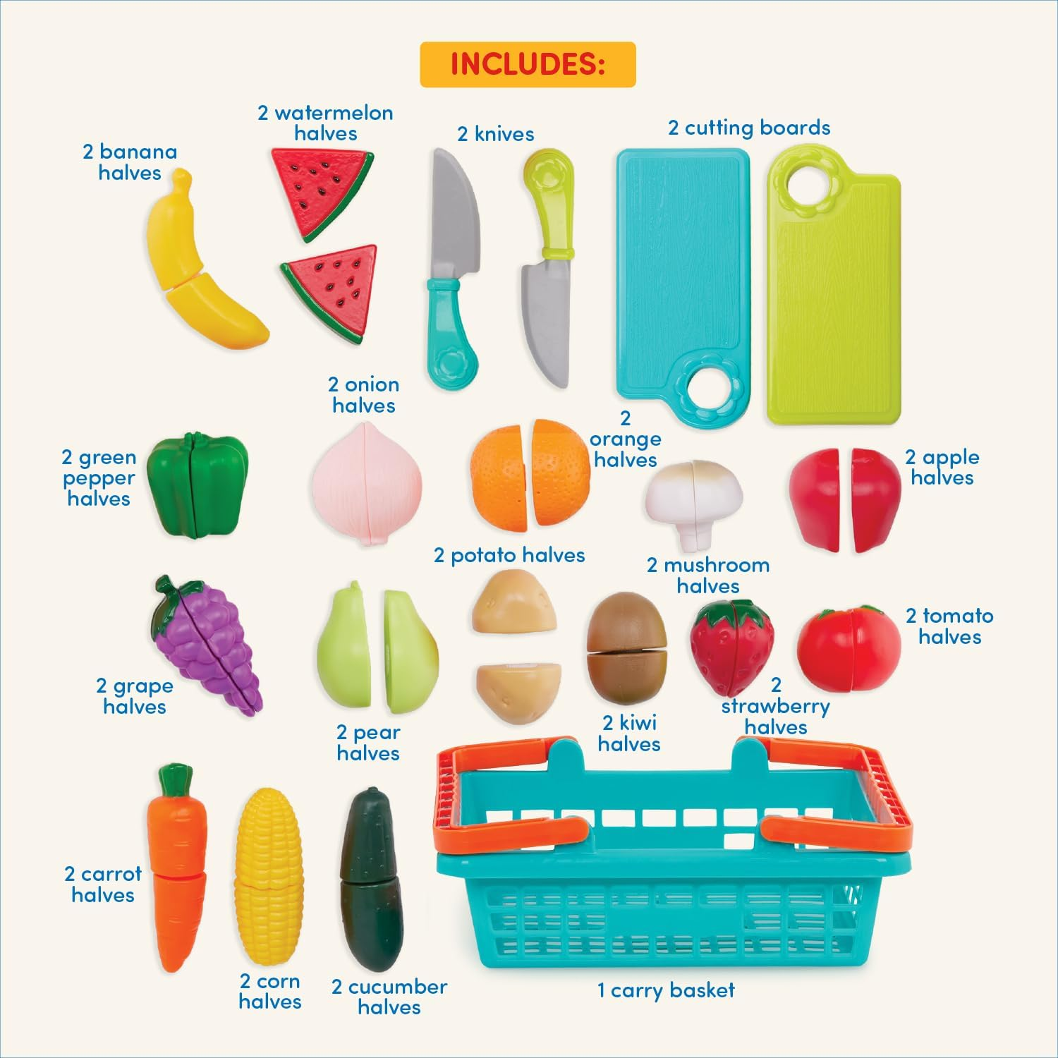 Battat &ndash; Farmers Market Basket &ndash; Toy Kitchen Accessories &ndash; Pretend Cutting Play Food Set for Toddlers 3 Years + (37-Pcs) (BT2534Z) image number 2