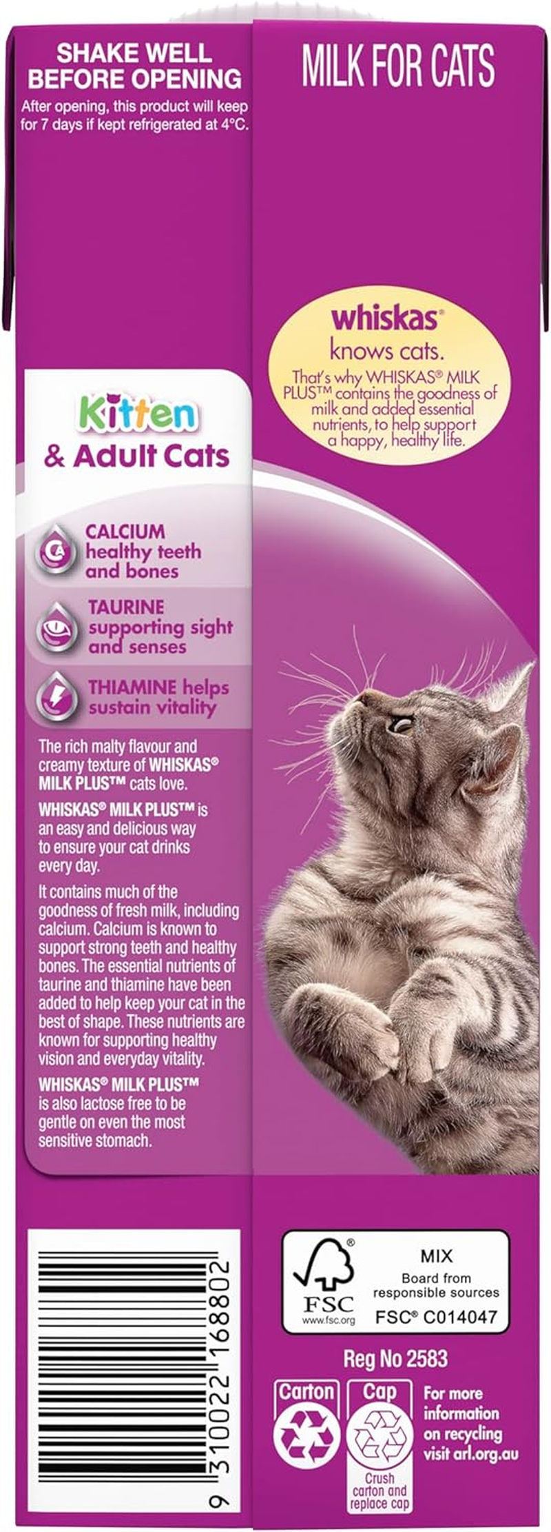 Whiskas Kitten & Adult Milk plus Lactose Free 1 Litre, 8 Pack image number 2