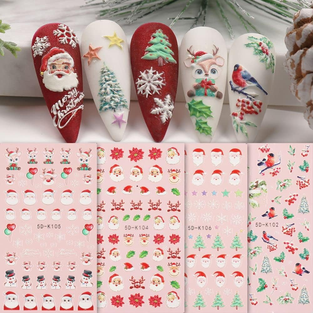 3D Embossed Christmas Nail Art Stickers Decals 4 Sheets 5D Self-Adhesive Pegatinas U&ntilde;as Holiday Red Snowflakes Snowman Nail Supplies Nail Art Design Decoration Accessories - Flower image number 3
