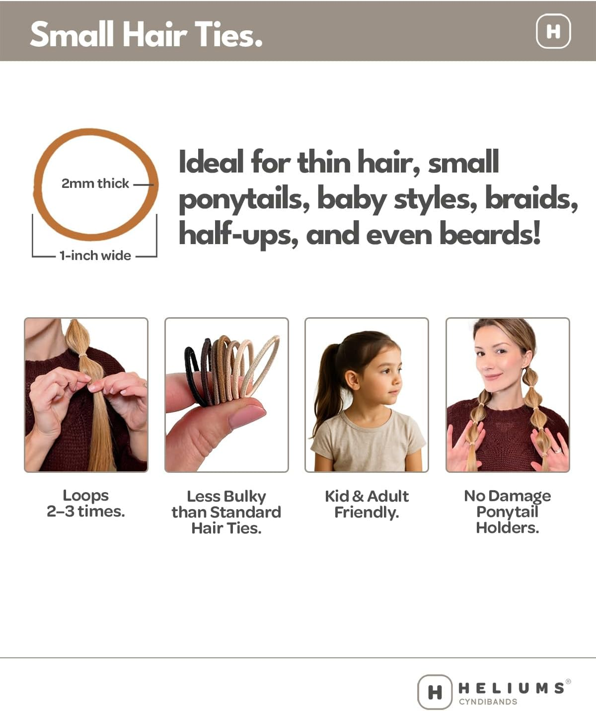 Heliums Small Hair Ties - Navy Blue - No Damage Mini 1 Inch Reusable 2Mm Elastics for Thin Hair and Kids, Neutral Ponytail Holders - 48 Count - Beige Blonde image number 4