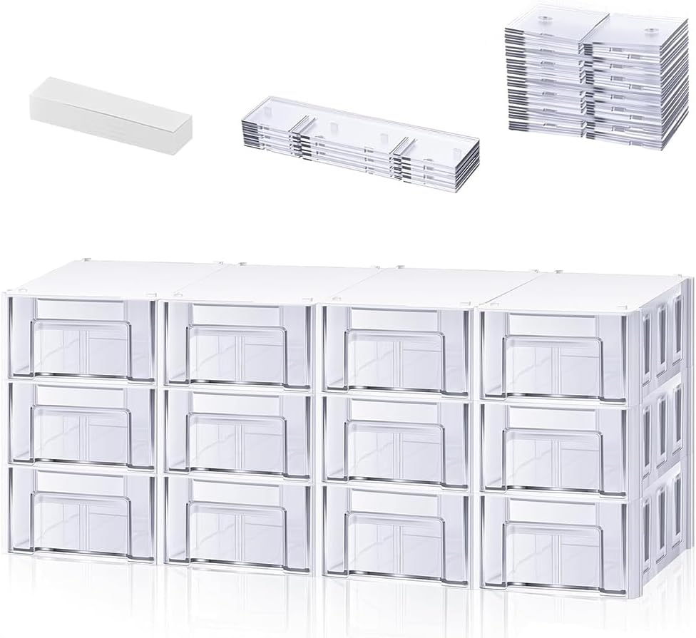 12 Pcs Drawer Stackable Storage Cabinet,Wall Mounted Plastic Drawers Storage Closet,36 Clear Dividers and 12 Tag Card Hardware Storage Bins,For Garage Home Office image number 5