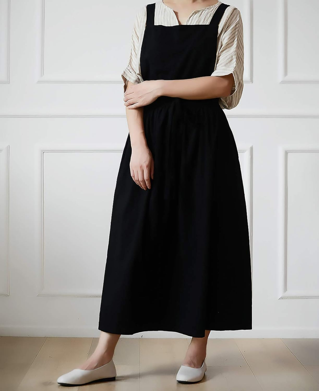 Pleated Cotton Long Apron X Back Kitchen Garden Florist Work Clothes Bib Dress image number 1