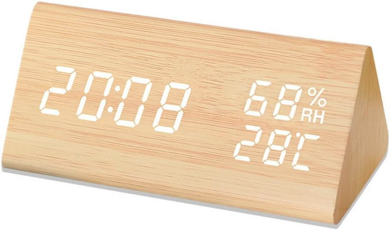 Lancoon Wooden Alarm Clock, Time Date Temperature and Humidity Display 12/24H Sound Activation 3 Alarm Settings Adjustable Brightness for Home Bedroom Office Travel